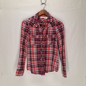 DKNY JEANS PETTIES plaid ruffle long sleeve shirt